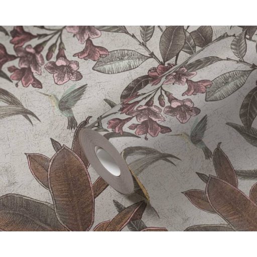 Trópusi virág és levélmotívum békés kakadukkal Shabby megjelenésben krémszürke zöld lila barna fehér és sárga tónus tapéta