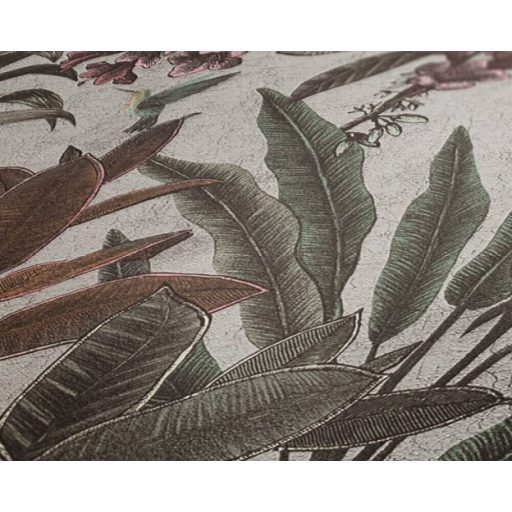 Trópusi virág és levélmotívum békés kakadukkal Shabby megjelenésben krémszürke zöld lila barna fehér és sárga tónus tapéta