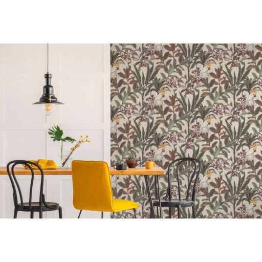 Trópusi virág és levélmotívum békés kakadukkal Shabby megjelenésben krémszürke zöld lila barna fehér és sárga tónus tapéta