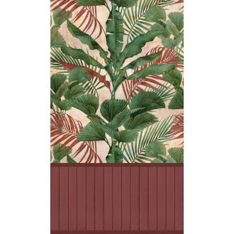   Remek kombináció! Festett fahatású lábazat markáns trópusi levélzettel vörös/vörösesbarna zöld és bézs tónus falpanel
