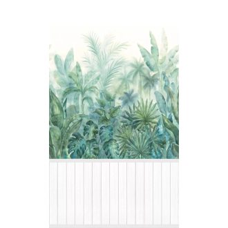   Akár egy tropikárium! Akvarell lágy trópusi levelek világos lábazattal szürke fehér kék zöld és zöldeskék tónus falpanel