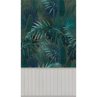   Túl az esztétika ismert fogalmán! Káprázatos trópusi levélzet lábazattal kombinálva szürke kék zöld türkiz és fekete tónus falpanel