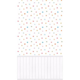   A vidámság garantált! Szines festék pöttyök természetes fahatású lábazattal szürke fehér és sokszínű tónus falpanel