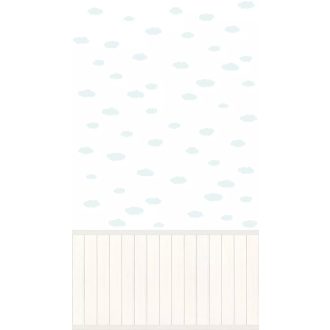   Remek kilátások! Bárányfelhőkben úszó égbolt fahatású lábazati alátámasztással krém fehér és világos zöldeskék tónus falpanel