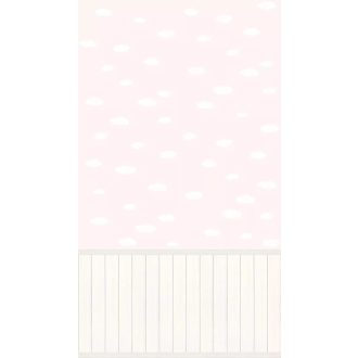   Remek kilátások! Bárányfelhőkben úszó égbolt fahatású lábazati alátámasztással krém fehér és világos rózsaszín tónus falpanel