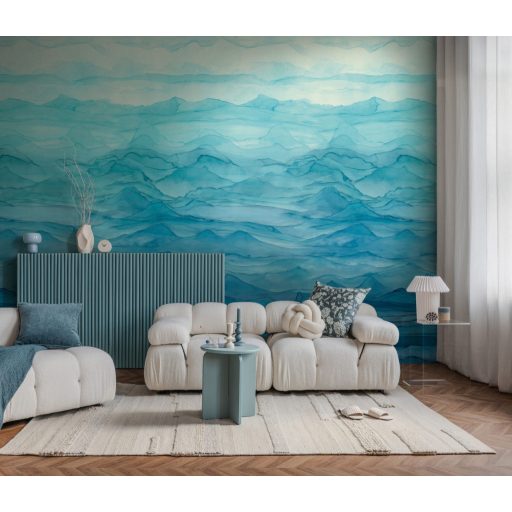 Rétegzett absztrakt hegyvonulatok és hullámzó vízfelszínek organikus játéka menta türkizkék óceánkék kobalt és indigókék tónus falpanel