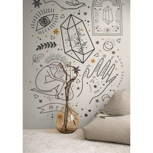 Álmok vágyak gondolatok változatos grafikai megjelenítése kiscsoportos foglalkozáson törtfehér bézs szürke és fekete tónus falpanel