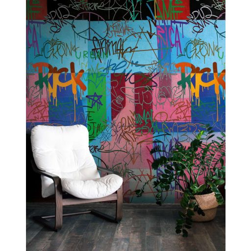 Intenzív utcai művészet! Változatos és színes graffiti fal kék rózsaszín zöld és sokszínű tónus falpanel