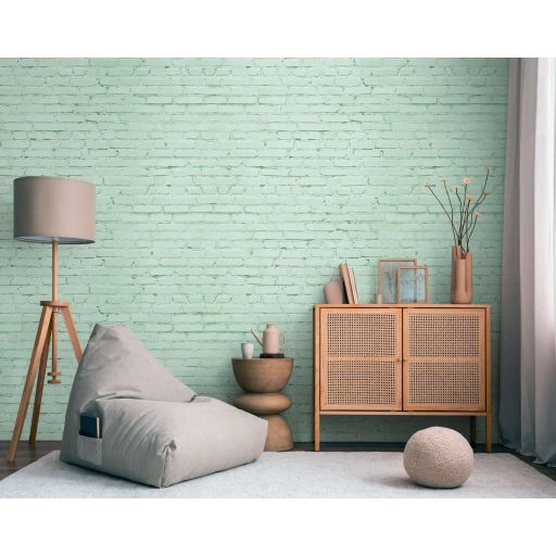 Egy zöld festékes vödör kalandja a téglafallal friss és újszerű dekor zöld és mentazöld tónus falpanel