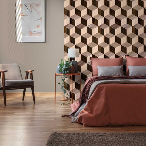 A geometria rendteremtő ereje! Precízen beállított fakockák extrém 3D sorozata krém bézs és barna tónus falpanel