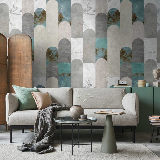 Beütött a márvány mámor íves geometriai formákkal turbózva szürkésfehér szürke szürkésbézs türkiz és bronz tónus falpanel