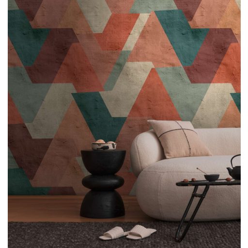 Mediterrán színvilágú nagyléptékű geometriai minta tadelakt háttéren bézs zöld terrakotta és sokszínű tónus falpanel