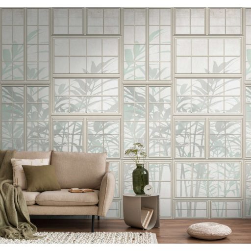 Fine Dining! Sűrűn keretezett ablakon áttűnő finom levélzet sejtelmes panorámája krémszürke szürke és zöld tónus falpanel