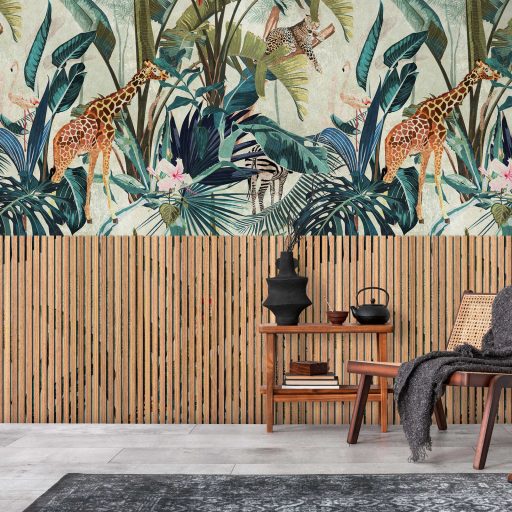 Vintage akusztikus panel a trópusok és szavannák stílusában bézs barna kék és sokszínű tónus falpanel