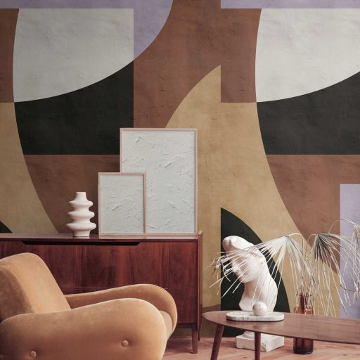Nagyformátumú Bauhaus stílusú geometriai minta tadelakt háttéren bézs barna fekete és sokszínű tónus falpanel
