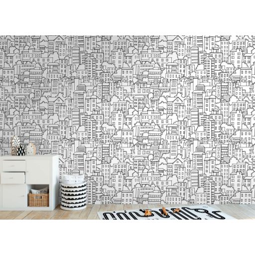 A nagyvárosi házrengeteg sűrűjében - urbánus grafikai minta fehér és fekete tónus falpanel