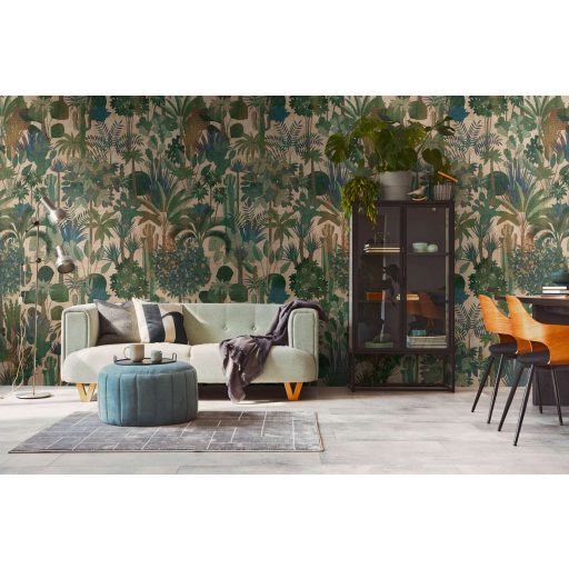 Érezd a dzsungelt! Vintage trópusi motívum változatos növényekkel bézs kék zöld és barna tónus falpanel