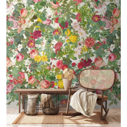 Virágtenger - Virágfal! Nagyméretű élénk színű buja rózsák és virágok mintája krém piros zöld rózsaszín és sokszínű tónus falpanel