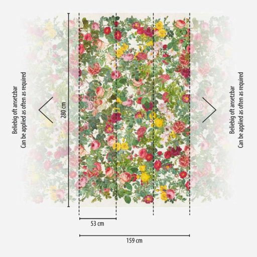Virágtenger - Virágfal! Nagyméretű élénk színű buja rózsák és virágok mintája krém piros zöld rózsaszín és sokszínű tónus falpanel