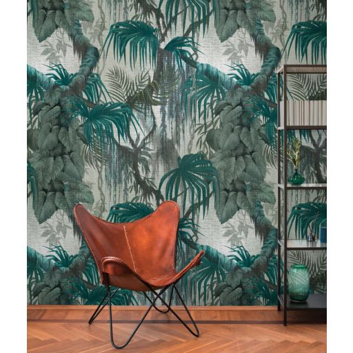 Trópusi növények liánszerűen fonódó ágai méretes levélzettel szürkésfehér szürke és zöld tónus falpanel