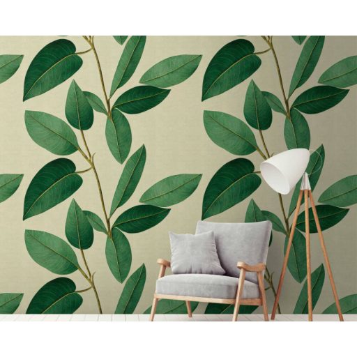 Részletesen kidolgozott nagyméretű levelek kompozíciója krém sárga és zöld tónus falpanel