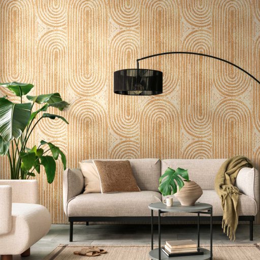 Koncentrikus ellipszisek egymásra csúszó grafikus panorámája krém bézs sárga és sárgásbarna tónus falpanel