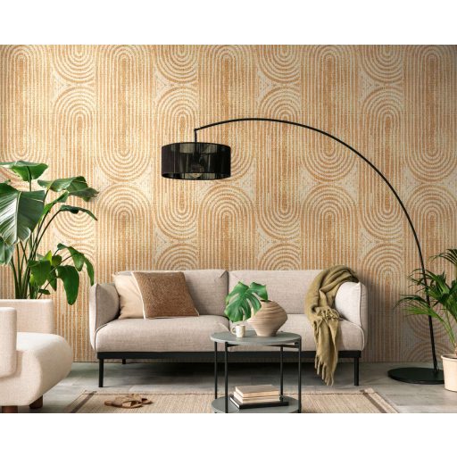 Koncentrikus ellipszisek egymásra csúszó grafikus panorámája krém bézs sárga és sárgásbarna tónus falpanel