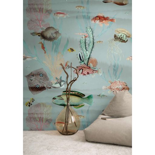 "Csendélet" a víz alatti világból színes halakkal korallokkal és növényekkel vízkék kékeszöld barna korall és sokszínű tónus falpanel
