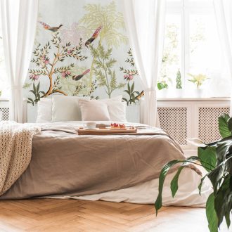   A nektár hívogató illata - kies botanikai csendélet szines madarakkal szürke zöld sárga és sokszínű tónus falpanel