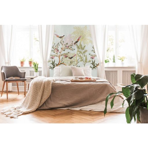 A nektár hívogató illata - kies botanikai csendélet szines madarakkal szürke zöld sárga és sokszínű tónus falpanel