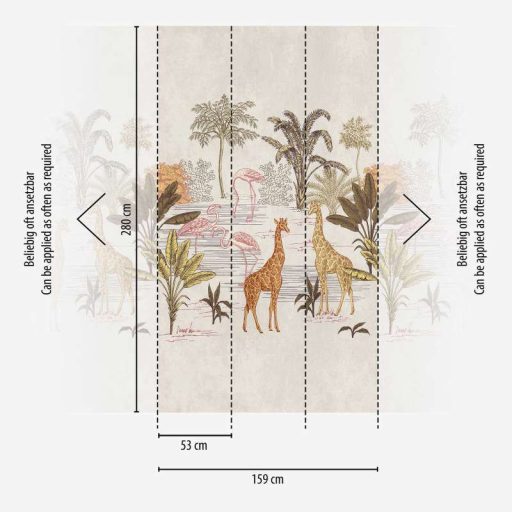 Unikum ez az egzotikus szafari design zsiráfokkal és flamingókkal krém bézs barna rózsaszín és sokszínű tónus falpanel