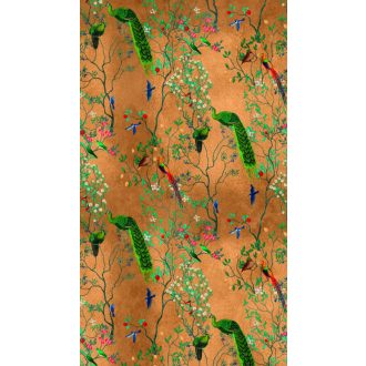   A páva a király! Virágzó levélágakon más színes madarak társaságában arany/aranybarna zöld kék és sokszínű tónus falpanel