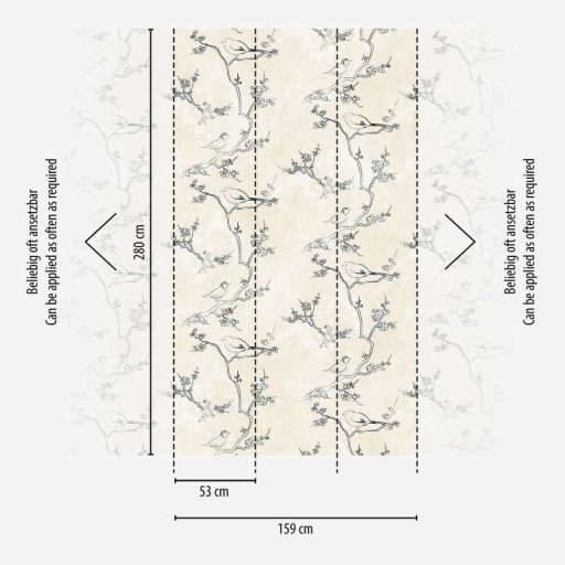 Naturális grafikai megjelenés minimalista virágágakkal és madarakkal krém fehér és fekete tónus falpanel