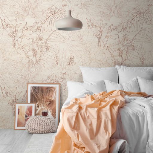 Megejtő szépségű botanikai nyomat - virágok levelek grafikai mintája krém bézs és barna tónus falpanel