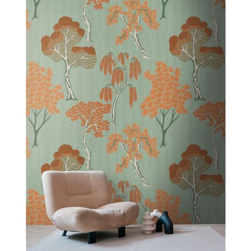 Megkapó természeti jelenség - stilizált fák absztrakt mintája zöld sárga narancs és bézs tónus falpanel