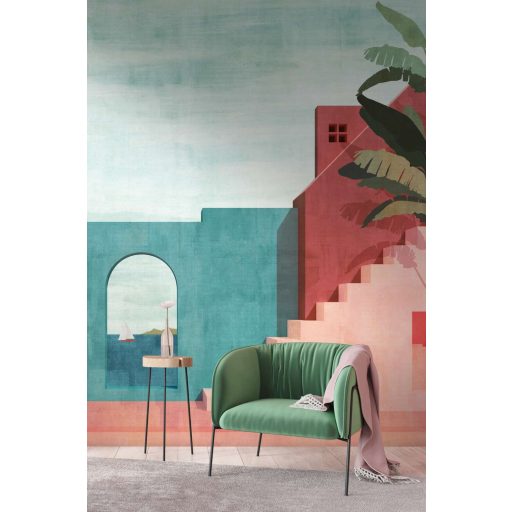 Bevezetés egy mediterrán lakótérbe grafikus építészeti panoráma kék zöld rózsaszín és sokszínű tónus falpanel