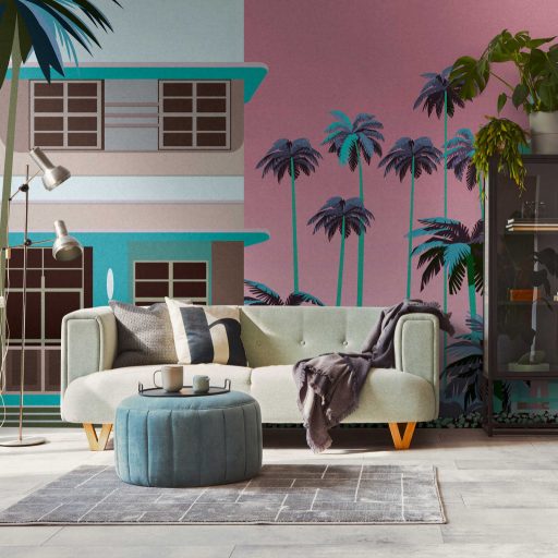 Ikonikus retro megjelenítés - Miami színes épületei pálmákkal varázsos naplementében kék rózsaszín pink és sokszínű tónus falpanel
