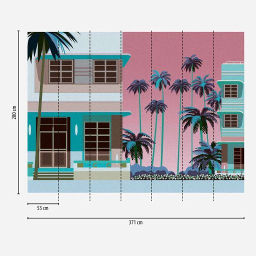 Ikonikus retro megjelenítés - Miami színes épületei pálmákkal varázsos naplementében kék rózsaszín pink és sokszínű tónus falpanel