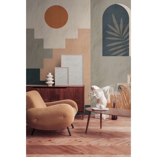 Mediterrán életérzés változatos geometriai mintákkal tadelakt vakolatú panoráma szürkésbézs kék narancs és sokszínű tónus falpanel