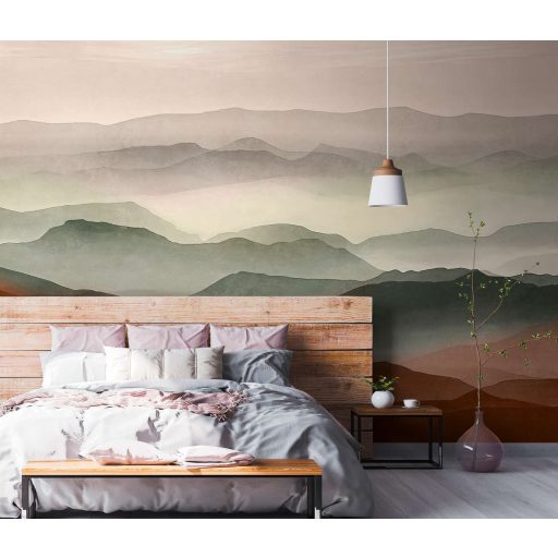 Ködpárából felsejlő hegyvonulatok akvarell panorámája bézs barna szürke zöld és vörösesbarna tónus falpanel
