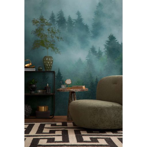 Felhőket rejtő fenyveserdő lélegzetelállító panorámája zöld zöldeskék és törtfehér tónus falpanel