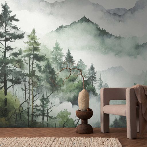 Festői erdei tájkép felhőbe burkolozó hegyekkel akvarell panoráma szürkésfehér szürke és zöld tónus falpanel