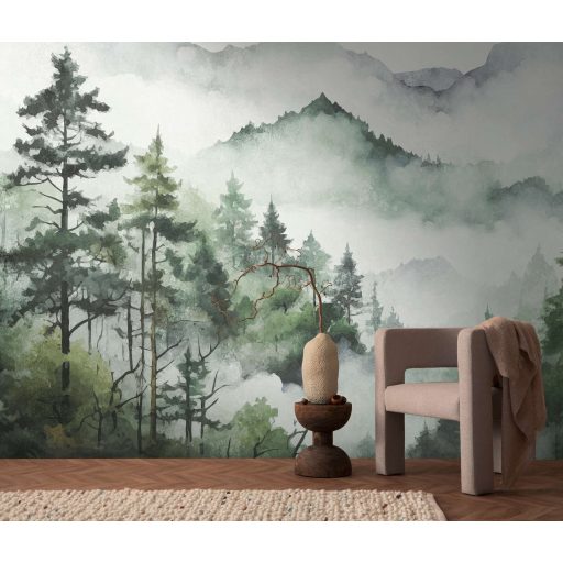 Festői erdei tájkép felhőbe burkolozó hegyekkel akvarell panoráma szürkésfehér szürke és zöld tónus falpanel
