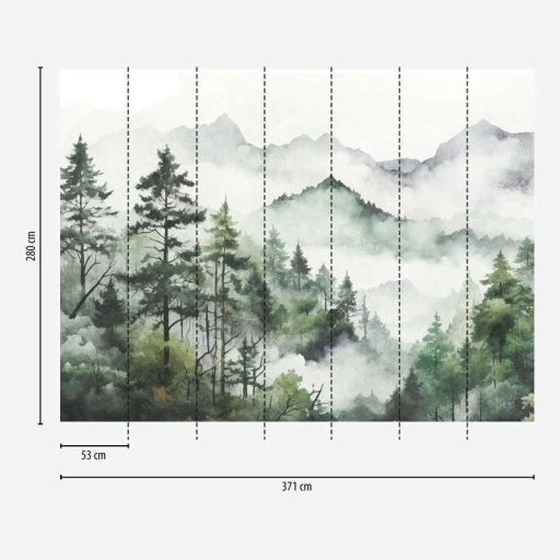 Festői erdei tájkép felhőbe burkolozó hegyekkel akvarell panoráma szürkésfehér szürke és zöld tónus falpanel