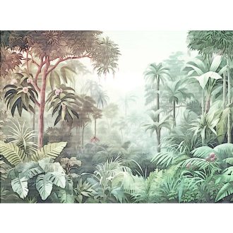   Ködpárába vesző kies trópusi táj panorámája fehér zöld barna kék és rózsaszín tónus falpanel