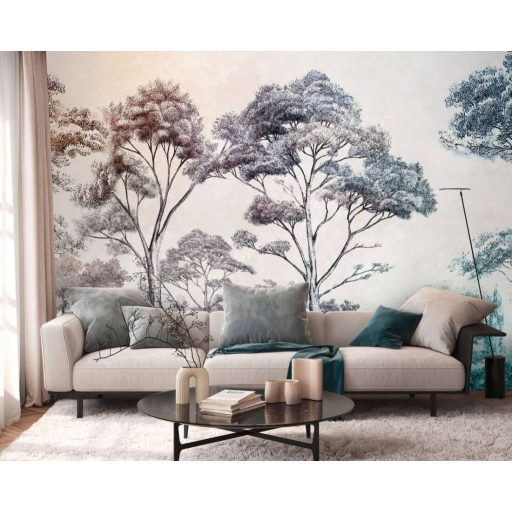 Elegáns erdei motívum színátmenettel - kies természeti kép facsoporttal krém kék és sokszínű tónus falpanel