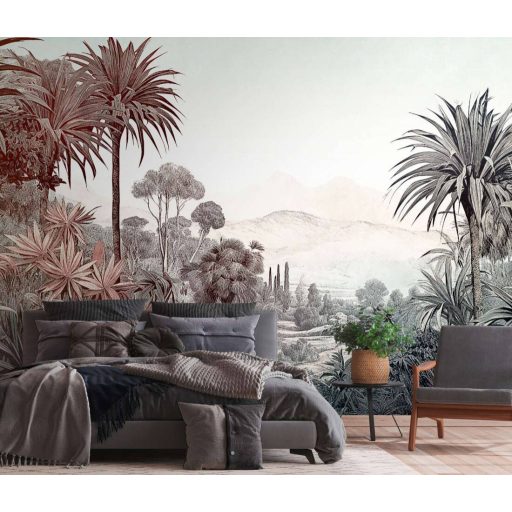Változatos flórájú trópusi táj távoli hegyekkel és színátmenetekkel fehér barna zöld és sokszínű tónus falpanel