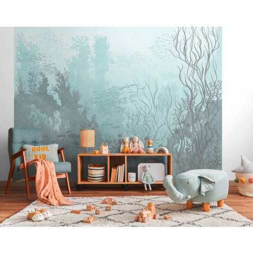 Sejtelmesen áttűnő víz alatti panoráma halrajokkal fehér vízzöld kék és szürke tónus falpanel