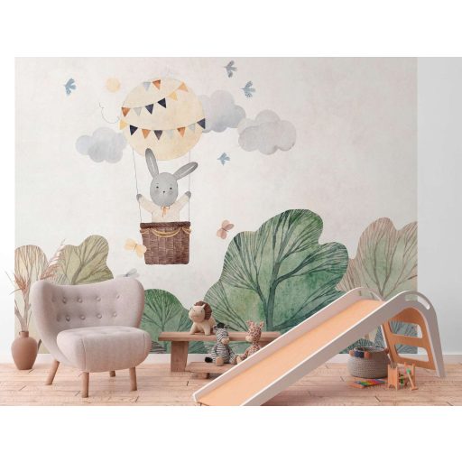 Nyuszi légballonos kalandozása a felhők között gyerekszobai panoráma bézs zöld barna és sokszínű tónus falpanel