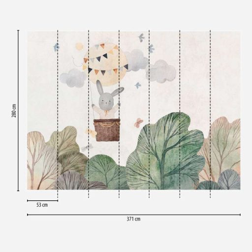 Nyuszi légballonos kalandozása a felhők között gyerekszobai panoráma bézs zöld barna és sokszínű tónus falpanel